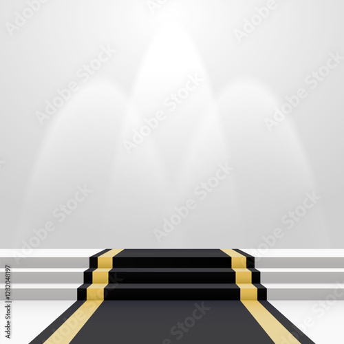 Black carpet on stairs with spot lights illuminating a podium. Blank template illustration with space for an object, person, logo, text. Presentation, gala, ceremony, awards concept.