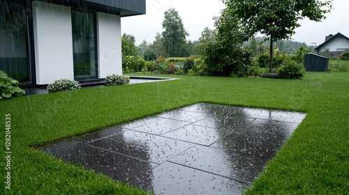Modern house garden patio rain