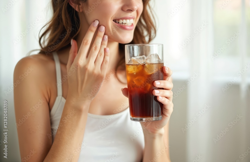 Young woman touch cheek. Girl drinks cold soda with ice. Sensitive teeth concept, dental health, toothache problem, oral care. Medical treatment diagnostic, teeth sensitivity, iced beverage, Young woman touch cheek. Girl drinks cold soda with ice. Sensitive teeth concept, dental health, toothache problem, oral care. Medical treatment diagnostic, teeth sensitivity, iced beverage,