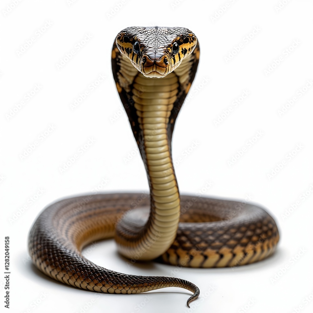 Fototapeta premium King Cobra full body. Front view of snake isolate on transparency background. Dangerous reptile has black, gold skin scales. Aggressive wild predator from jungle. Hooded cobra preparing to attack.