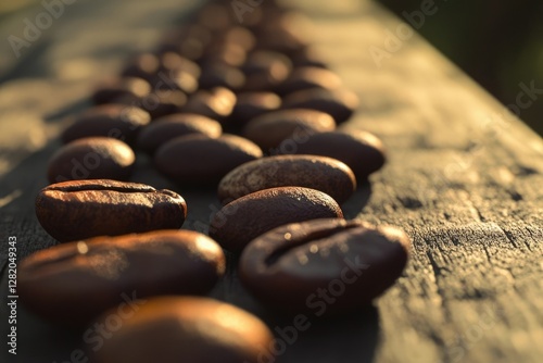 Roasted coffee beans arranged in a line on a wooden surface, bathed in warm sunlight.