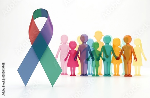 Colorful awareness ribbon for rare disease day on white background. Group of diverse stick people holds hands. Symbolizes solidarity, hope, global community support on february 28 campaign.