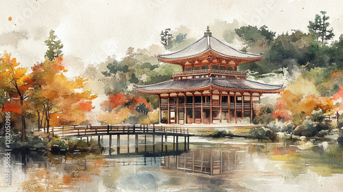 Watercolour illustration of a japanese landscape, with a temple in a garden artistic modern and simple background.