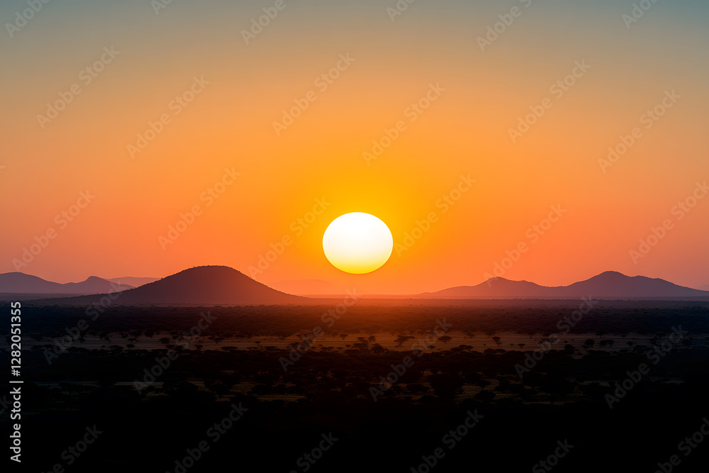 Savanna sunset: Warm hues paint the African sky as the sun dips below the horizon, silhouetting distant hills and scattered trees. Serene landscape. Savanna sunset: Warm hues paint the African sky as the sun dips below the horizon, silhouetting distant hills and scattered trees. Serene landscape.