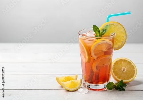 Refreshing iced tea with lemon slices and mint leaves. Summer drink on white wooden table. Cold beverage with citrus and herbs. Cooling cocktail for hot days.