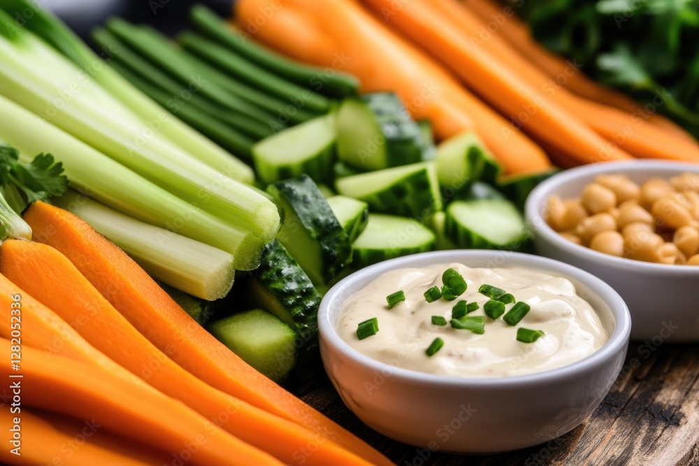 Fresh vegetable platter with carrots, celery, cucumbers, hummus, and dip Fresh vegetable platter with carrots, celery, cucumbers, hummus, and dip