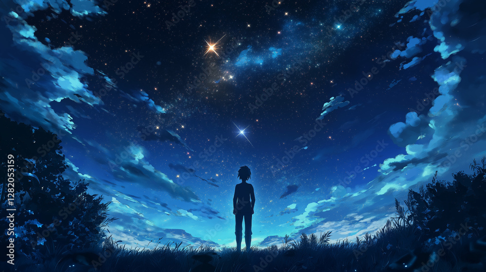 Lost in the Cosmos: A lone figure gazes upward at a breathtaking night sky, filled with twinkling stars and swirling clouds, evoking a sense of wonder and introspection. Lost in the Cosmos: A lone figure gazes upward at a breathtaking night sky, filled with twinkling stars and swirling clouds, evoking a sense of wonder and introspection.