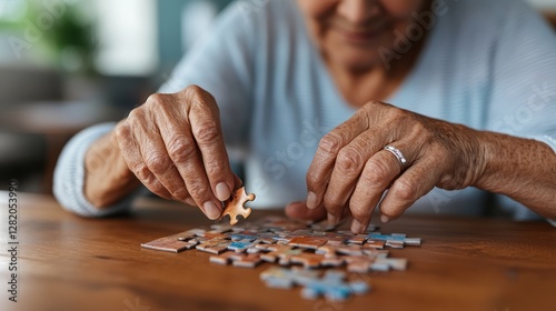 Woman working jigsaw puzzle. photo