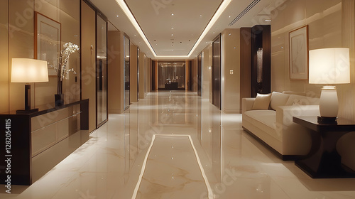 Modern hotel corridor at night, elegant interior design, polished floors,  lighting, reflecting the ambience.  Possible use Luxury hotel marketing photo