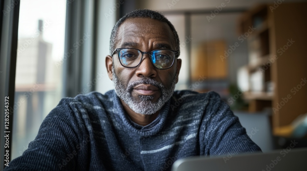 This image depicts an older man wearing glasses and a black sweater, looking at the camera from a laptop with his chin on his hand. He appears to be in a professional office setting. This image depicts an older man wearing glasses and a black sweater, looking at the camera from a laptop with his chin on his hand. He appears to be in a professional office setting.