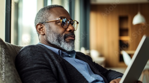 A middle-aged man with a beard, wearing glasses and a striped shirt, sitting on a couch and using a laptop.