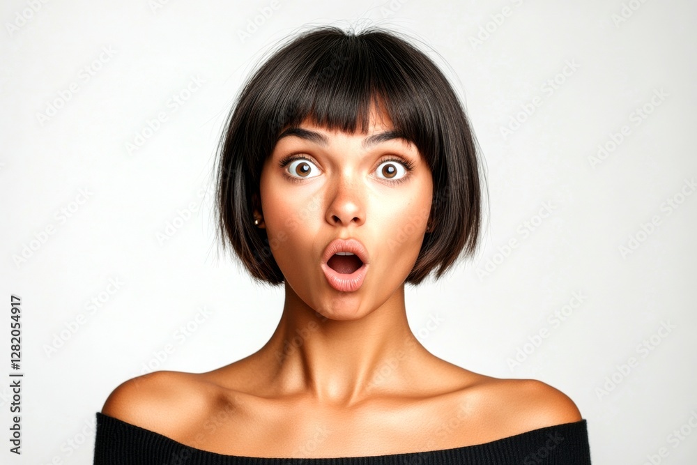 Short trim - straight hair. Lovely very shocked mixed-race girl - for ads, banner and online marketing use. Commercial promotion concept visual pattern. Advertising model concept. Colored girl. Short trim - straight hair. Lovely very shocked mixed-race girl - for ads, banner and online marketing use. Commercial promotion concept visual pattern. Advertising model concept. Colored girl.
