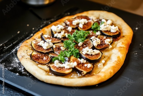 Wallpaper Mural Gourmet flatbread with figs, goat cheese, and fresh parsley on black surface Torontodigital.ca