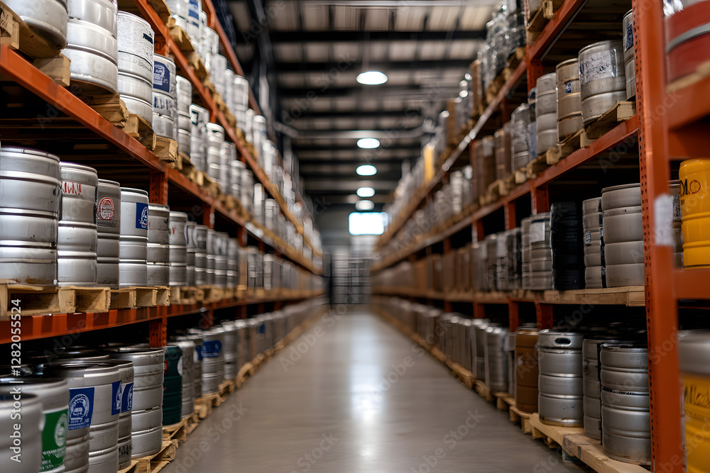 Warehouse storage: Rows of kegs line industrial shelving, showcasing organized inventory. Clean warehouse floor leads to a window at the end of the hall. Warehouse storage: Rows of kegs line industrial shelving, showcasing organized inventory. Clean warehouse floor leads to a window at the end of the hall.