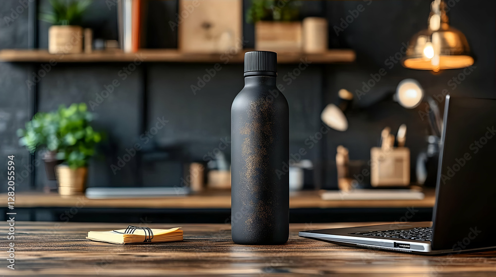 Modern insulated water bottle on rustic wooden desk Modern insulated water bottle on rustic wooden desk