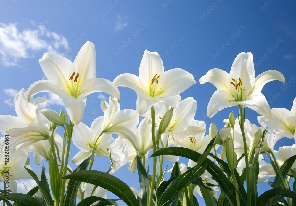 Fototapeta premium White lilies bloom brightly against a clear blue sky