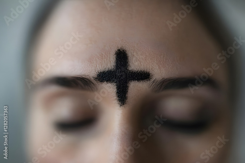 Ash Wednesday observance. Cross of ashes on forehead of woman with closed eyes, representing repentance and faith. Focus on spiritual symbolism.