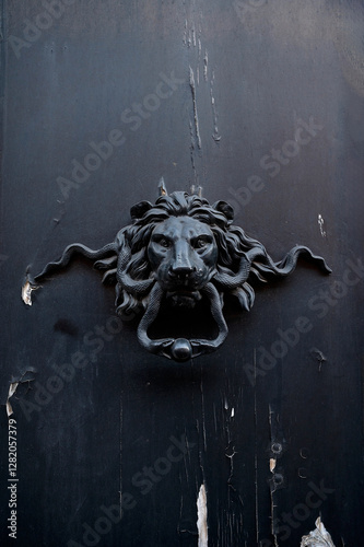 Ornate lion-shaped metal door knocker on a black wooden door