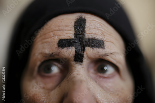 Ash cross on forehead of woman. Marks the beginning of Lent, a time of reflection and repentance. The black ash is a sign of penance and mortality.