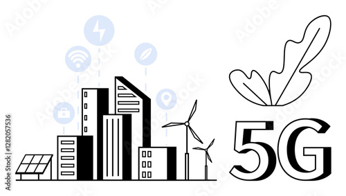 High-rise buildings with wind turbines and solar panel, connectivity icons overhead, large 5G text with leaf. Ideal for smart city planning, renewable energy, internet of things, urban development