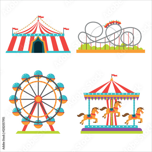 The amusement park elements set in the flat style. Circus, carousel, ferris wheel, roller coaster