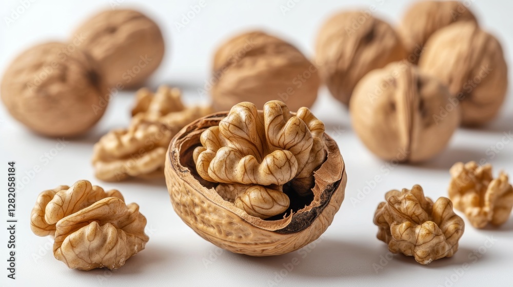 Whole and shelled walnuts scattered on a white surface showcasing their natural texture and form