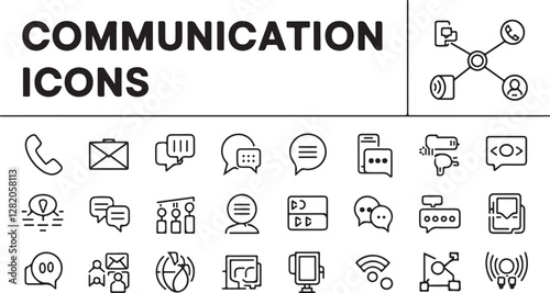 Communication icons, line art, monochrome, minimalist design, technology symbols, phone, email, chat bubbles, social media, network connections, megaphone, speech balloons, user profiles, video call, 