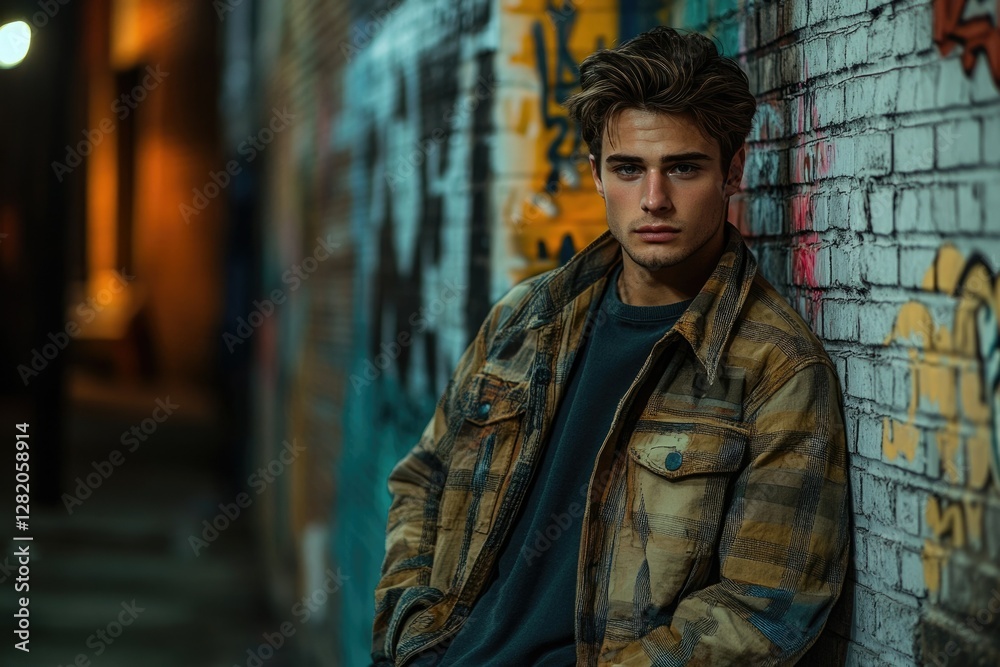 Naklejka premium A young man with styled hair leans against a graffitied brick wall in a dimly lit alleyway, wearing a patterned jacket.