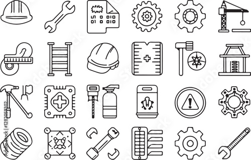 Construction icons, engineering symbols, black and white line drawings, architectural elements, industrial tools, safety equipment, mechanical gears, technical blueprints, manufacturing components, 