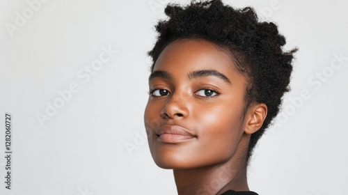 Side view portrait of a beautiful woman posing against a light background.