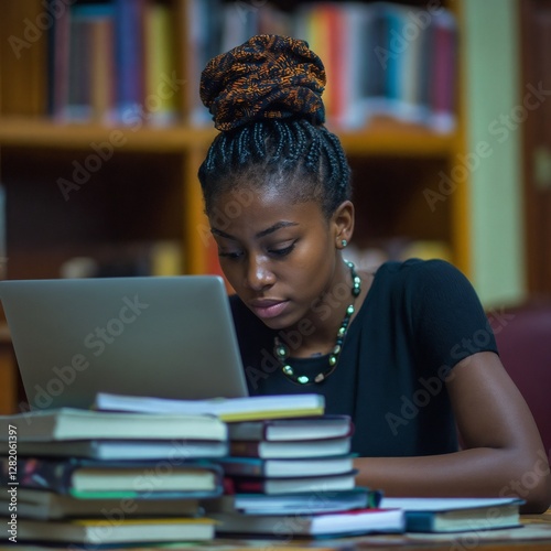 Nigerian student studying with a laptop and books at her desk