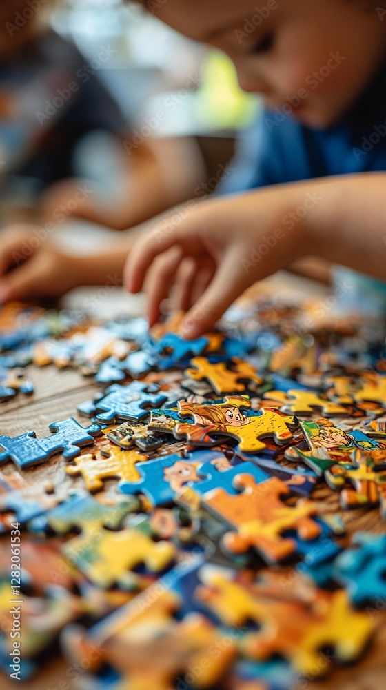 Child assembling puzzle at table, family in background Child assembling puzzle at table, family in background