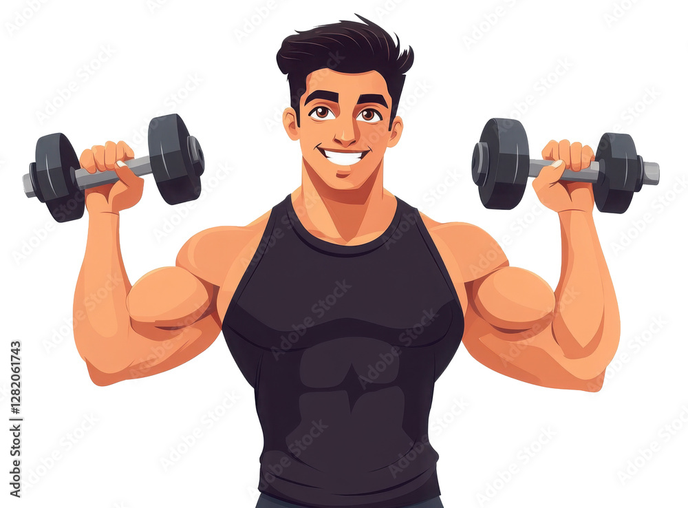 Illustration of a muscular mid age man in a black tank top lifting dumbbells Illustration of a muscular mid age man in a black tank top lifting dumbbells