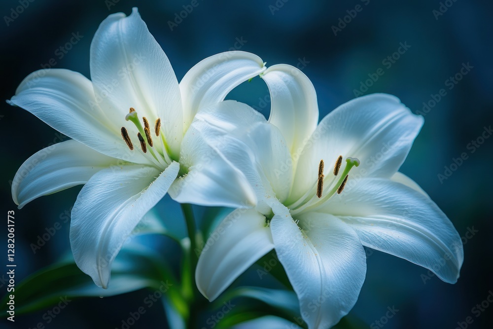 Fototapeta premium Two Delicate White Lilies Gracefully Bloom