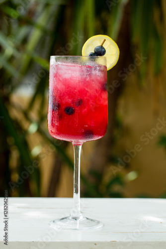 Refreshing blueberry cocktail with lemon garnish in a tall glass