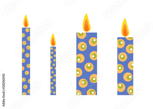 Colorful candles set hand drawn flat vector illustration, festive holiday celebration collection of decorated objects of different sizes for birthday, wedding, Christmas