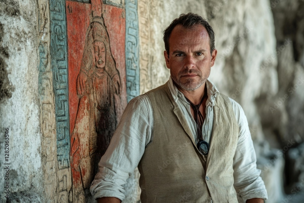 Fototapeta premium A man in a vest stands beside ancient Mayan wall paintings, showcasing historical preservation and cultural heritage.