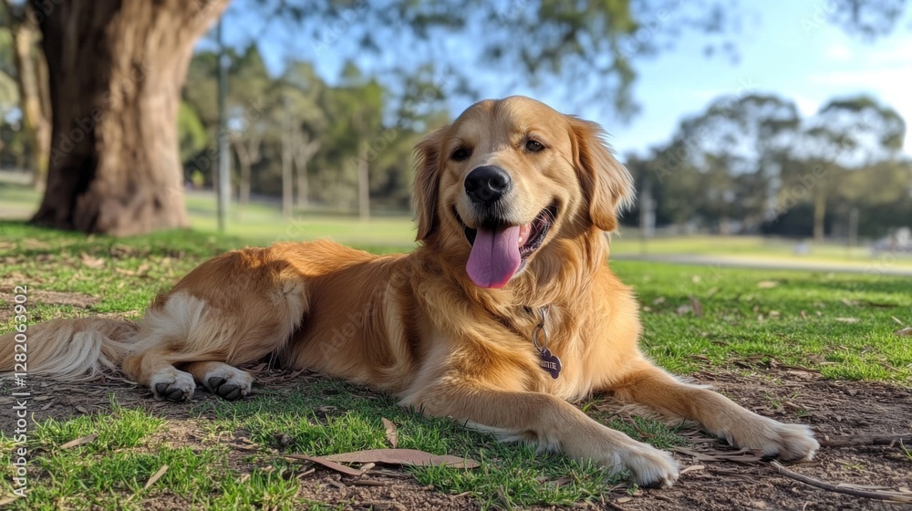 Happy Golden Retriever relaxing in a sunny park Happy Golden Retriever relaxing in a sunny park