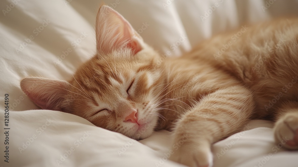 A fluffy orange kitten is peacefully napping on a soft pillow in the warm morning sunlight A fluffy orange kitten is peacefully napping on a soft pillow in the warm morning sunlight
