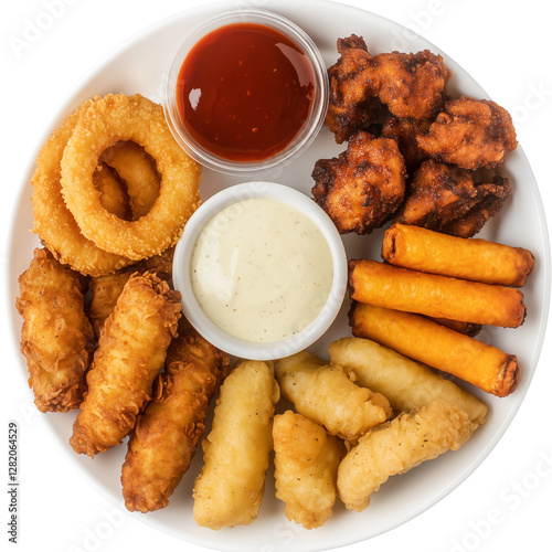 A plate of assorted fried snacks including onion rings, mozzarella sticks, chicken tenders, and dipping sauces, isolated on a white background.  
