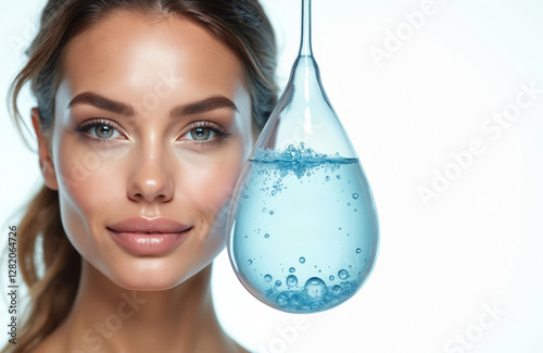 Portrait of young beautiful woman with perfect clean hydrated skin and light make-up. Next to her face big clear water drop bubble. Beauty procedures hydration, face renewal and rejuvenation concept. photo