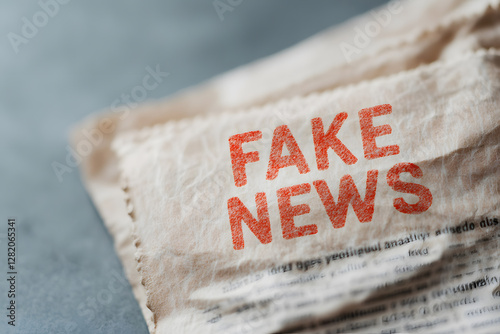 Fake news stamped in red on a newspaper, symbolizing misinformation and media distrust. Caution: Verify sources before sharing! #FakeNews #MediaLiteracy photo