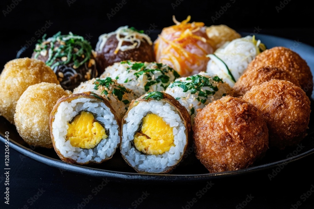 Assorted japanese rice balls with diverse fillings and toppings on a plate Assorted japanese rice balls with diverse fillings and toppings on a plate