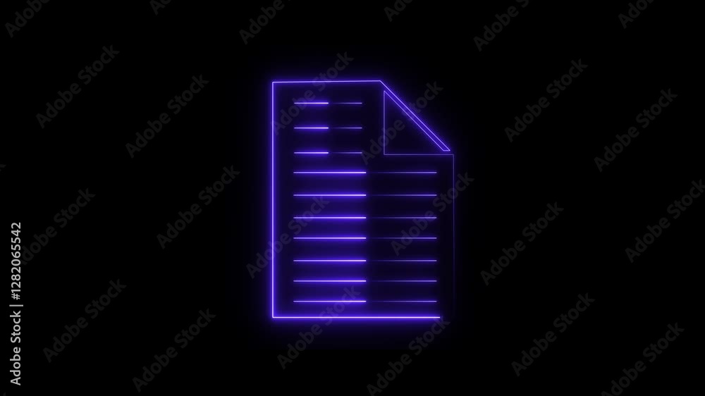 Neon file documents uploading icon 4k animation . Glowing blue neon document sign .Animated PDF file icon with neon line