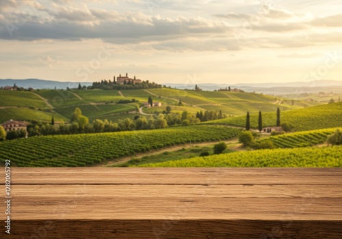 Photograph of a wooden table with a rustic texture, set against a scenic landscape with rolling green hills covered in vineyards and a partly cloudy sky.

