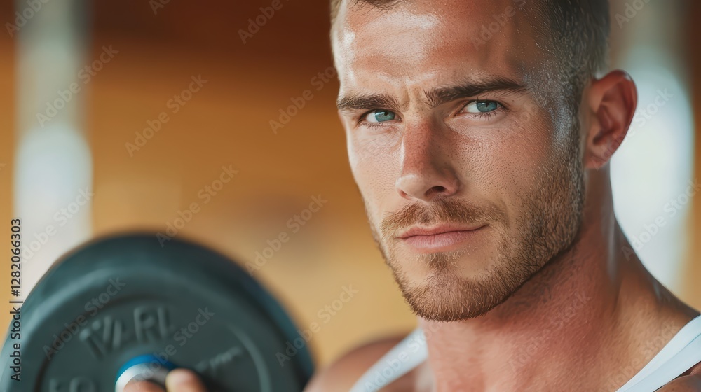 Determined Man Lifting Weights with Focus in Fitness Environment Determined Man Lifting Weights with Focus in Fitness Environment