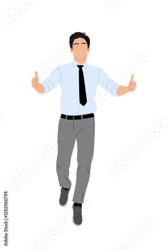 Business man character walking, showing thumbs up, like gesture. Excited Handsome man wearing shirt, tie. Vector realistic illustration isolated 