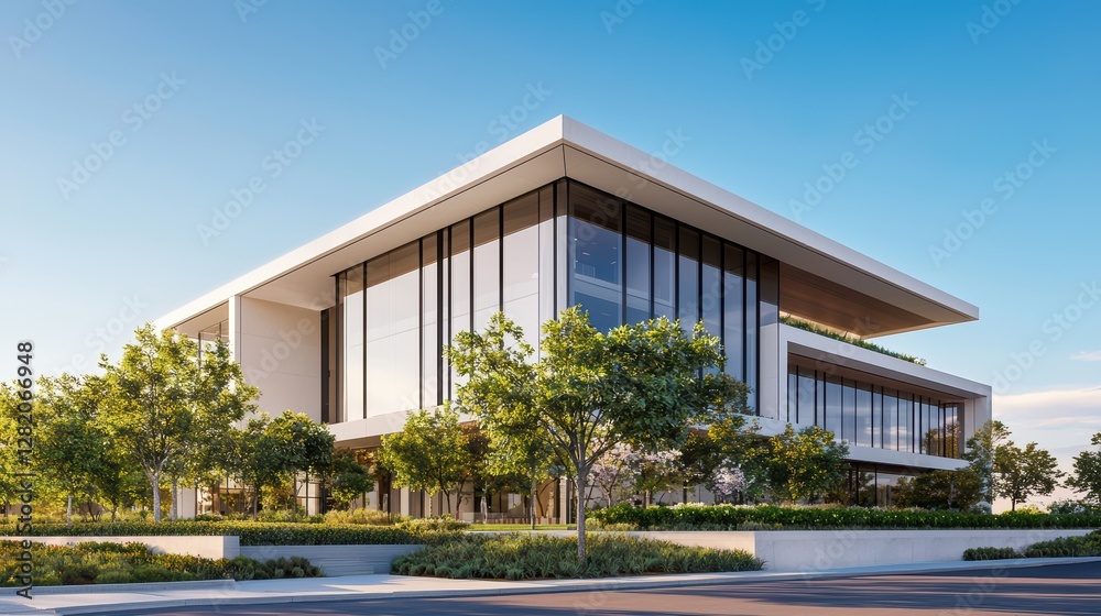 Modern Minimalist Office Building Surrounded by Lush Greenery Modern Minimalist Office Building Surrounded by Lush Greenery