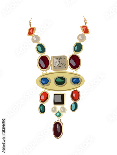 Ancient Ethnic Necklace made of gold with different Gem Stones. Golden framing with gemstones, antique accessory, vintage jewellery. Goldsmith or jeweler product, expensive rarity. Vector illustration