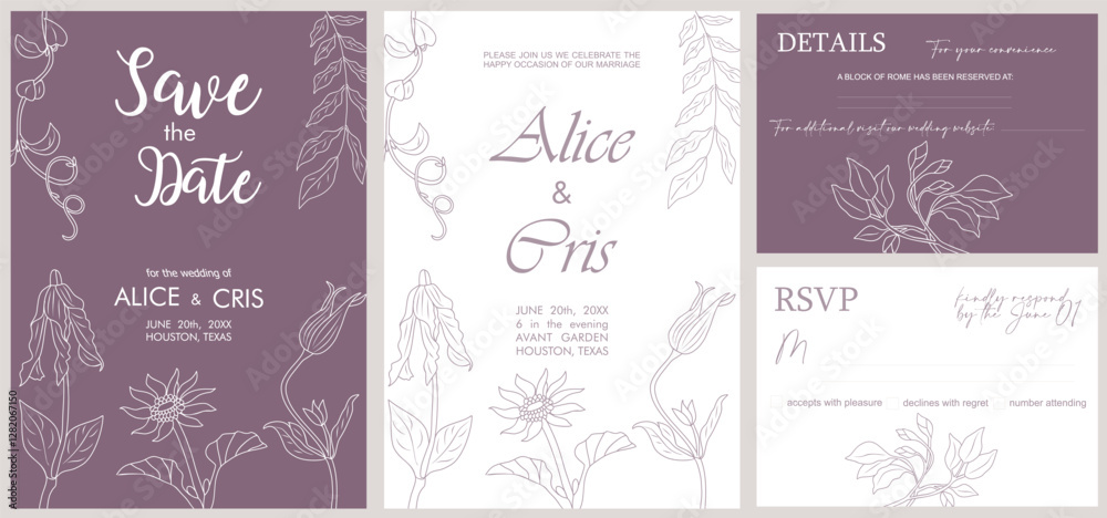 Wedding Invitation, save the date, thank you, rsvp card set template. Floral Design in hand drawn style, line art wild flowers with leaf greenery branches. Decorative Vector elegant illustration. Wedding Invitation, save the date, thank you, rsvp card set template. Floral Design in hand drawn style, line art wild flowers with leaf greenery branches. Decorative Vector elegant illustration.